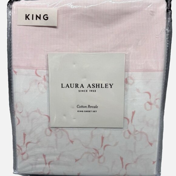 NEW 4pc Laura Ashley KING Sheet Set PINK TRAILING BOWS RIBBON Coquette Cottage - Picture 1 of 7